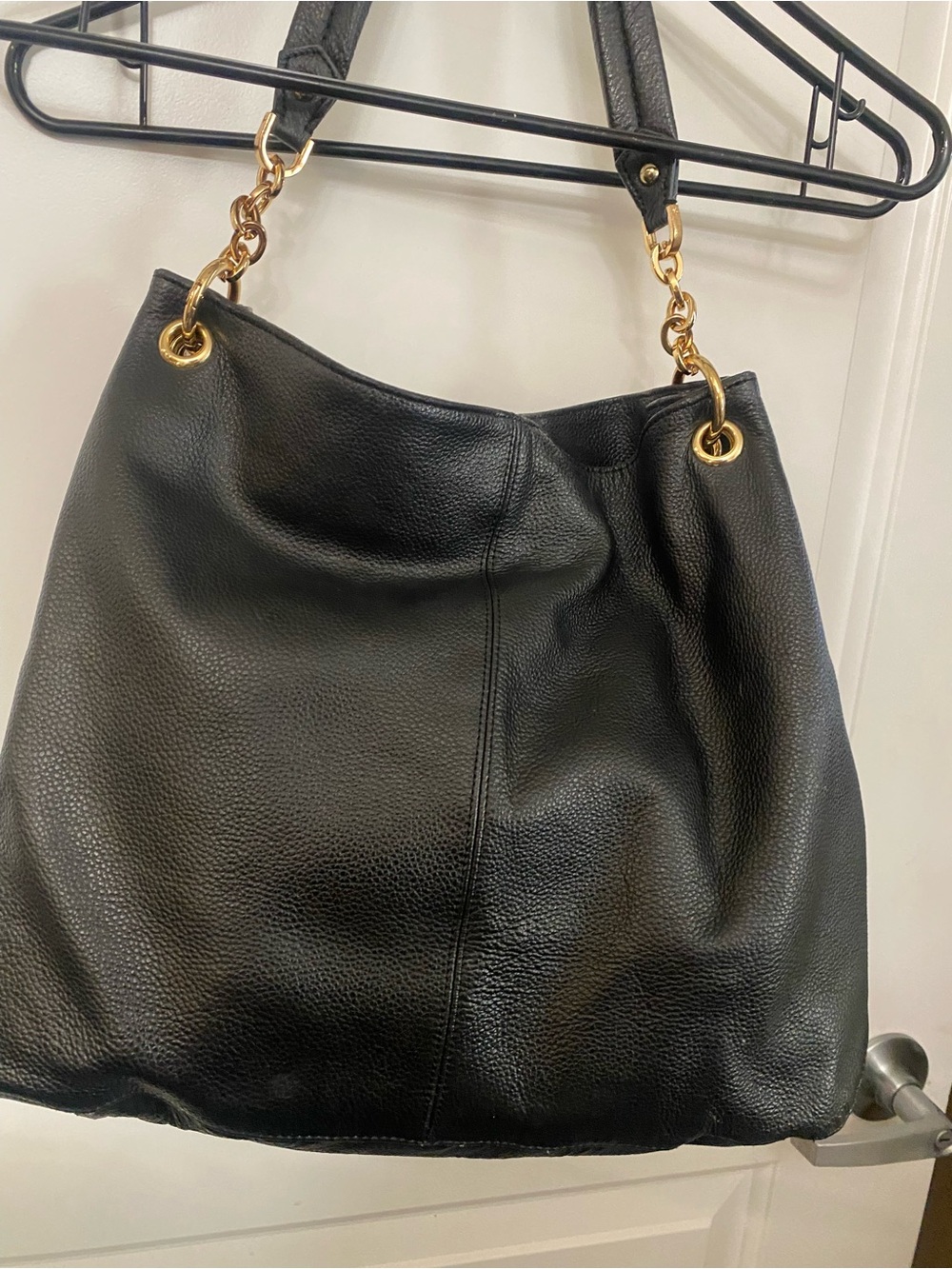 Chore & Pelle Black Leather Shoulder Hobo with Gold Chain Accents